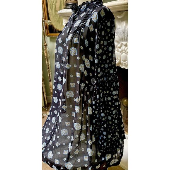 Free People black paisley Sheer Mock Neck Mini Dress flare top sz L Black - Picture 6 of 11
